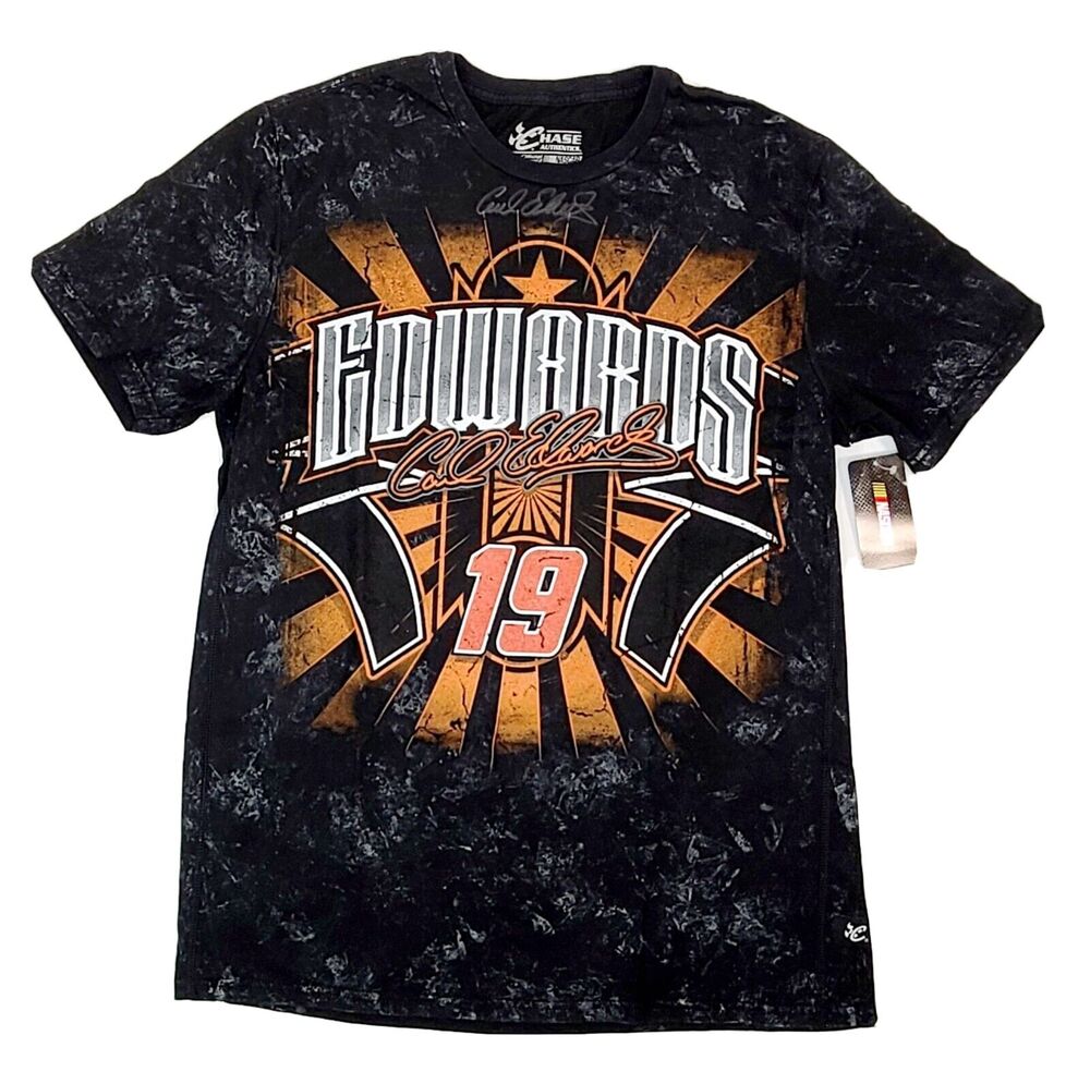 Autographed Carl Edwards #19 Joe Gibbs Racing NASCAR Large T-Shirt Black, New